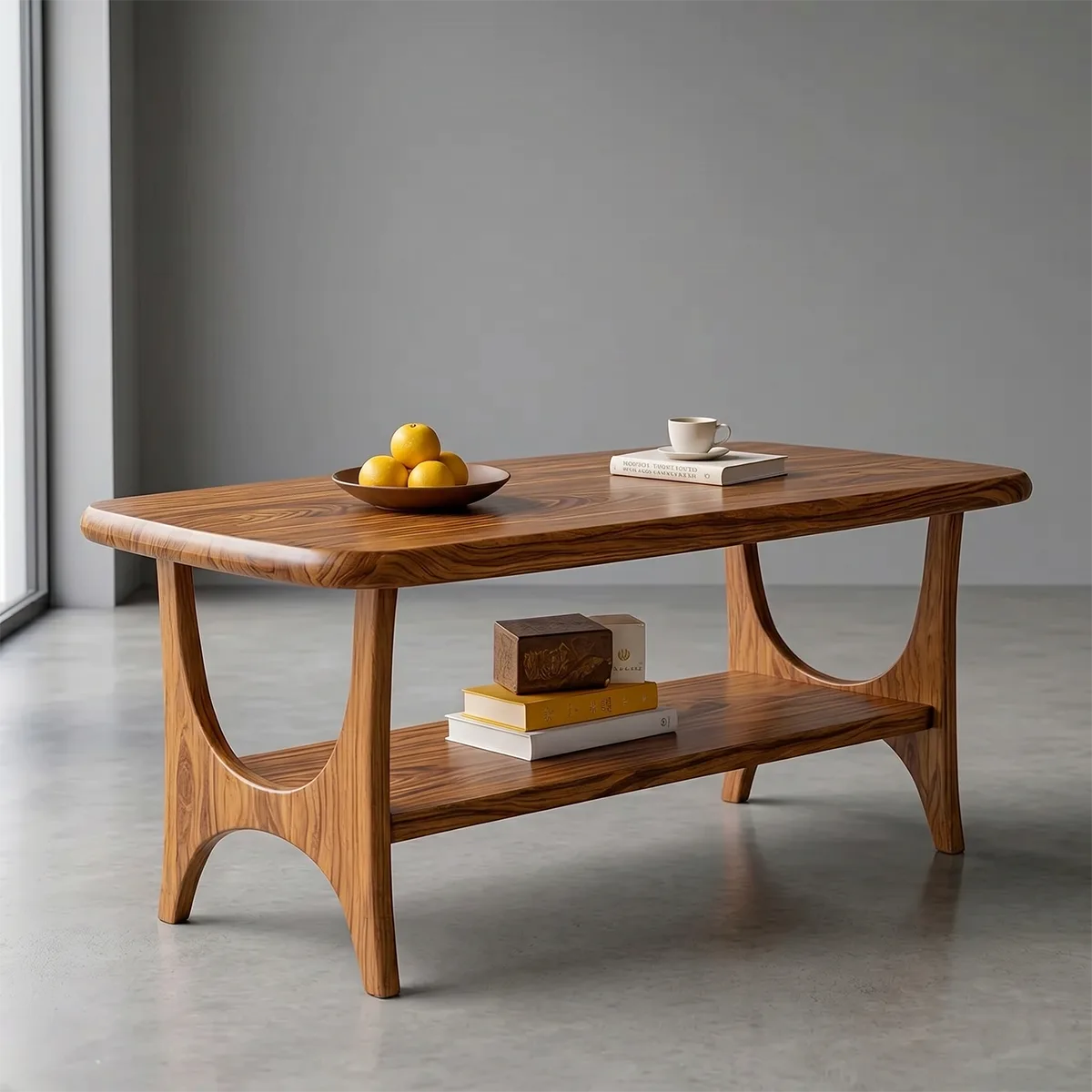 Mid Century Modern Solid Wood Rectangular Two Tier Coffee Table