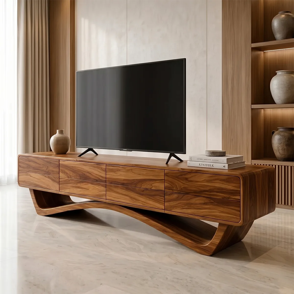 Modern Solid Wood TV Stand with Sculptural Sweeping Base