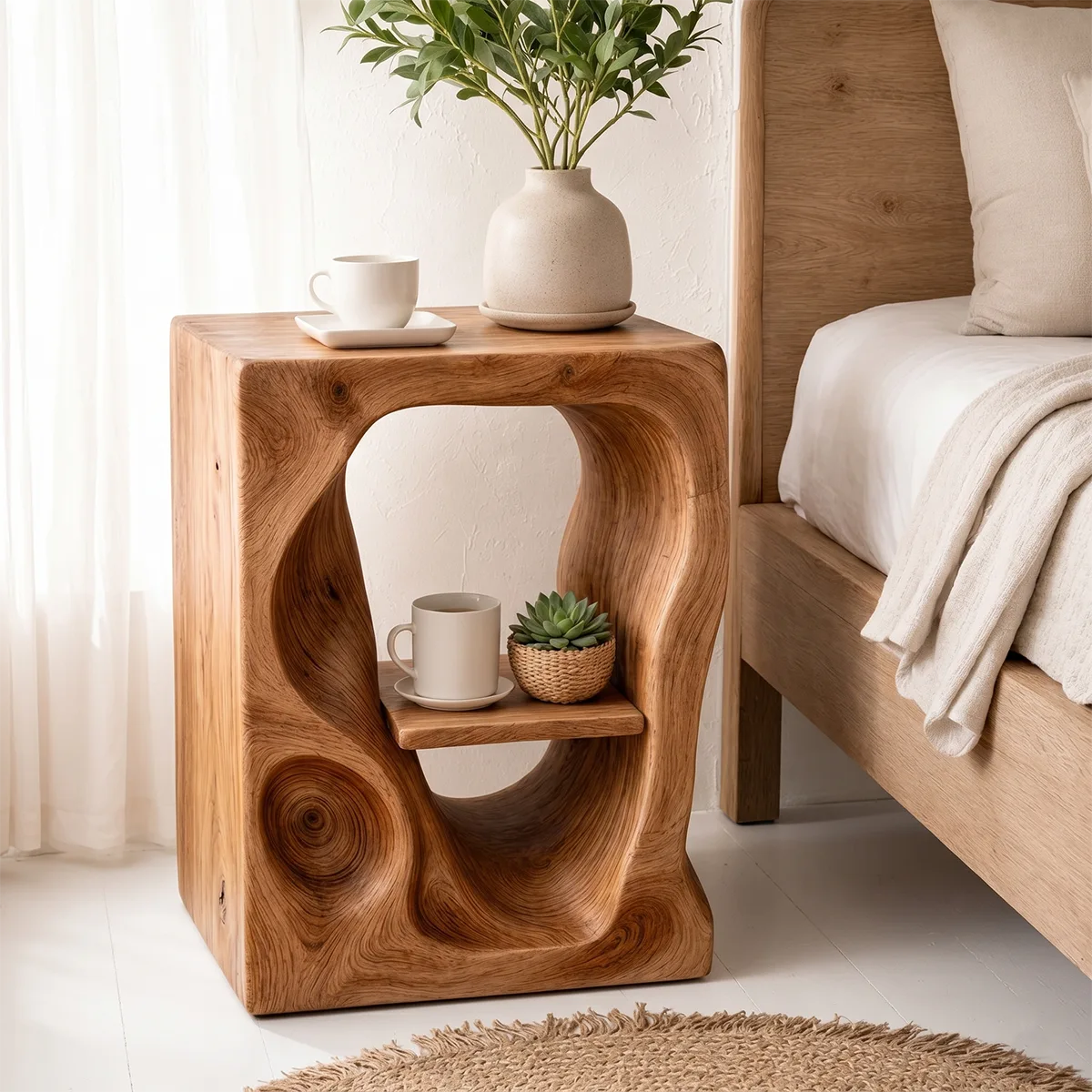 Organic Sculptural Wooden Nightstand with Open Shelf