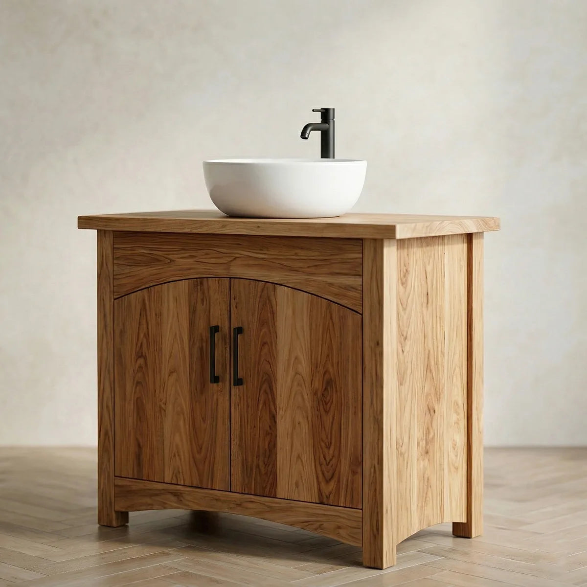 Modern Solid Wood Bathroom Vanity Cabinet with Curved Double Doors