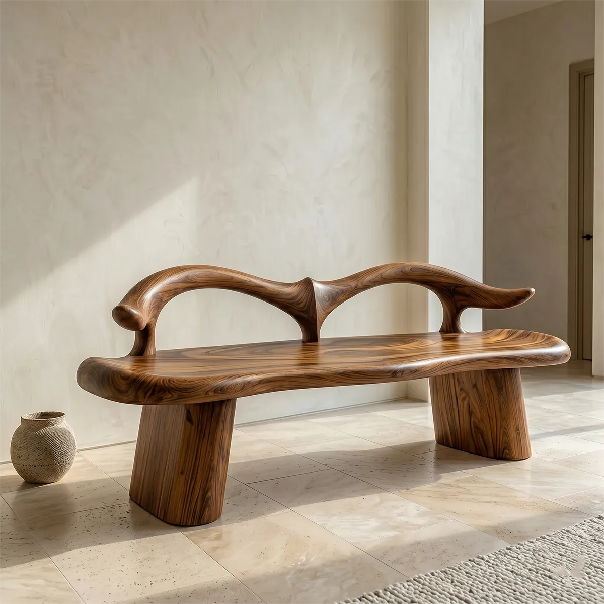 Organic Wave Back Garden Bench, Sculptural Wooden Outdoor Seating TH003-2770