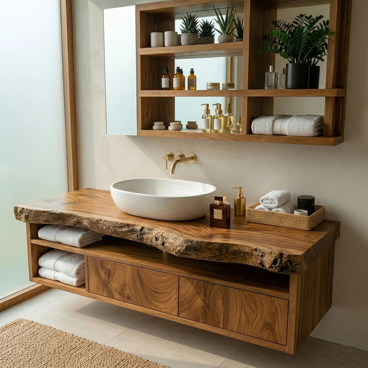 Floating Solid Wood Bathroom Vanity with Live Edge Top and Drawers