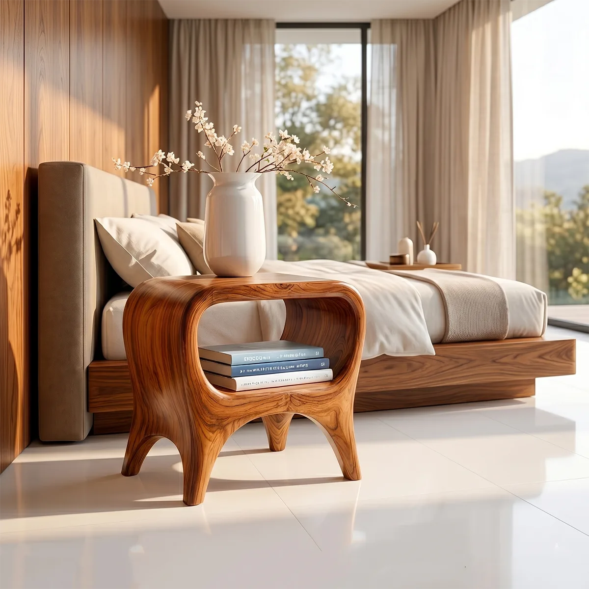Organic Modern Nightstand with Open Shelf | Sculptural Bedside Table TH003-7076