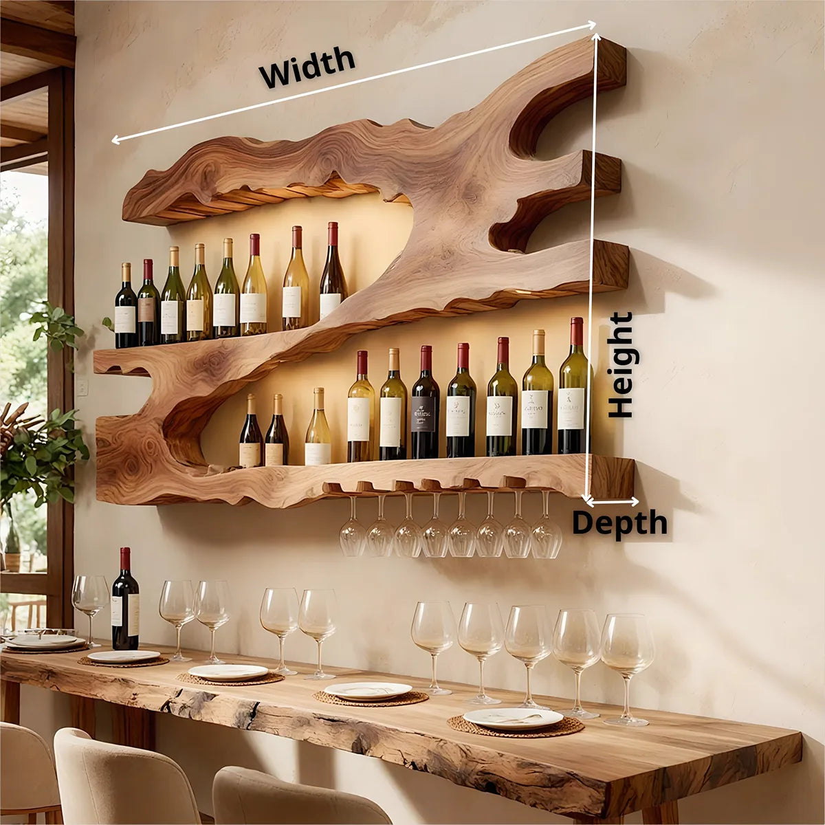 Live Edge Solid Wood Wall Wine Rack for Home Bars & Wine Lovers HG021-4091