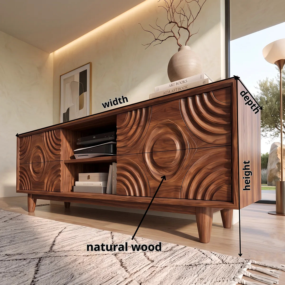 Geometric Carved Wood TV Stand with Drawers & Open Shelves | Modern Media Console HG021-4AVP4BD
