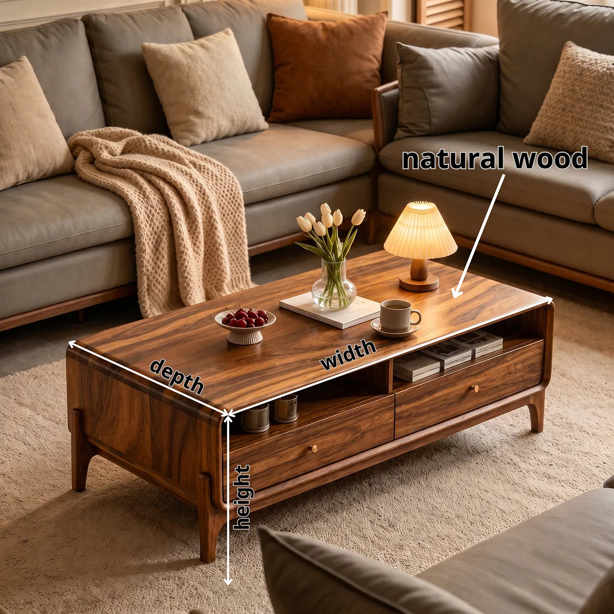 Wood Coffee Table with 2 Drawers & Open Shelves | Mid Century Modern Rectangular Living Room Table HG021-8XOV9MG