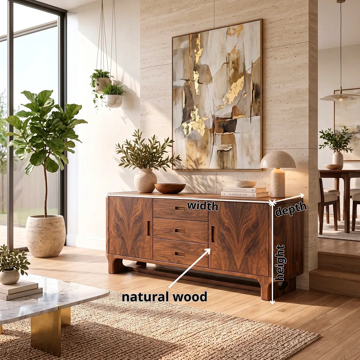 Modern Sideboard with 3 Drawers and 2 Cabinets | Rounded Storage Buffet with Interior Shelves HG021-6UVE8HY
