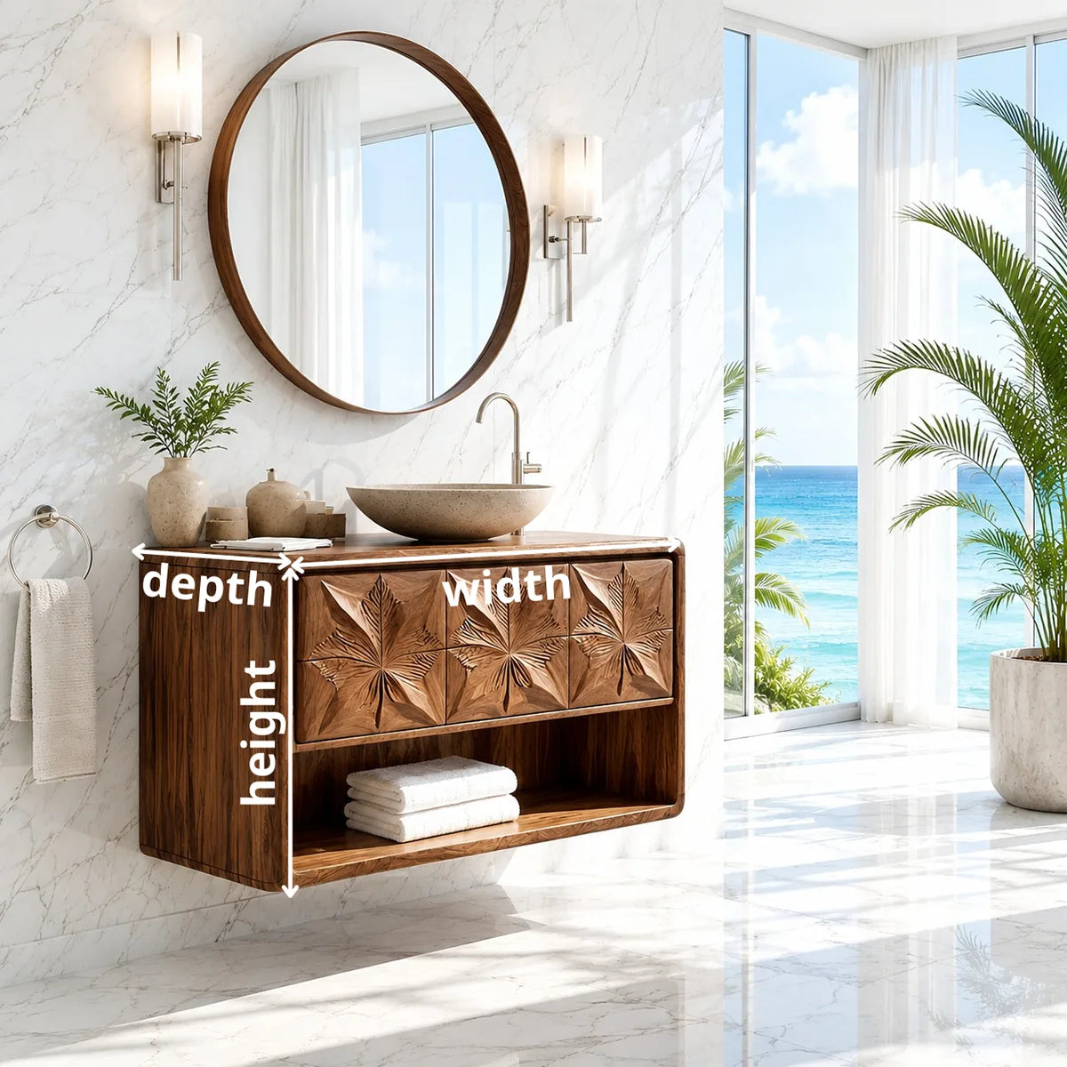 Geometric Leaf Carved Bathroom Vanity with Open Storage HG021-8975