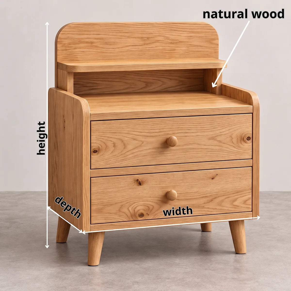 2-Drawer Nightstand with Open Shelf | Mid-Century Bedside Table with Raised Top HG021-8VLX2RD