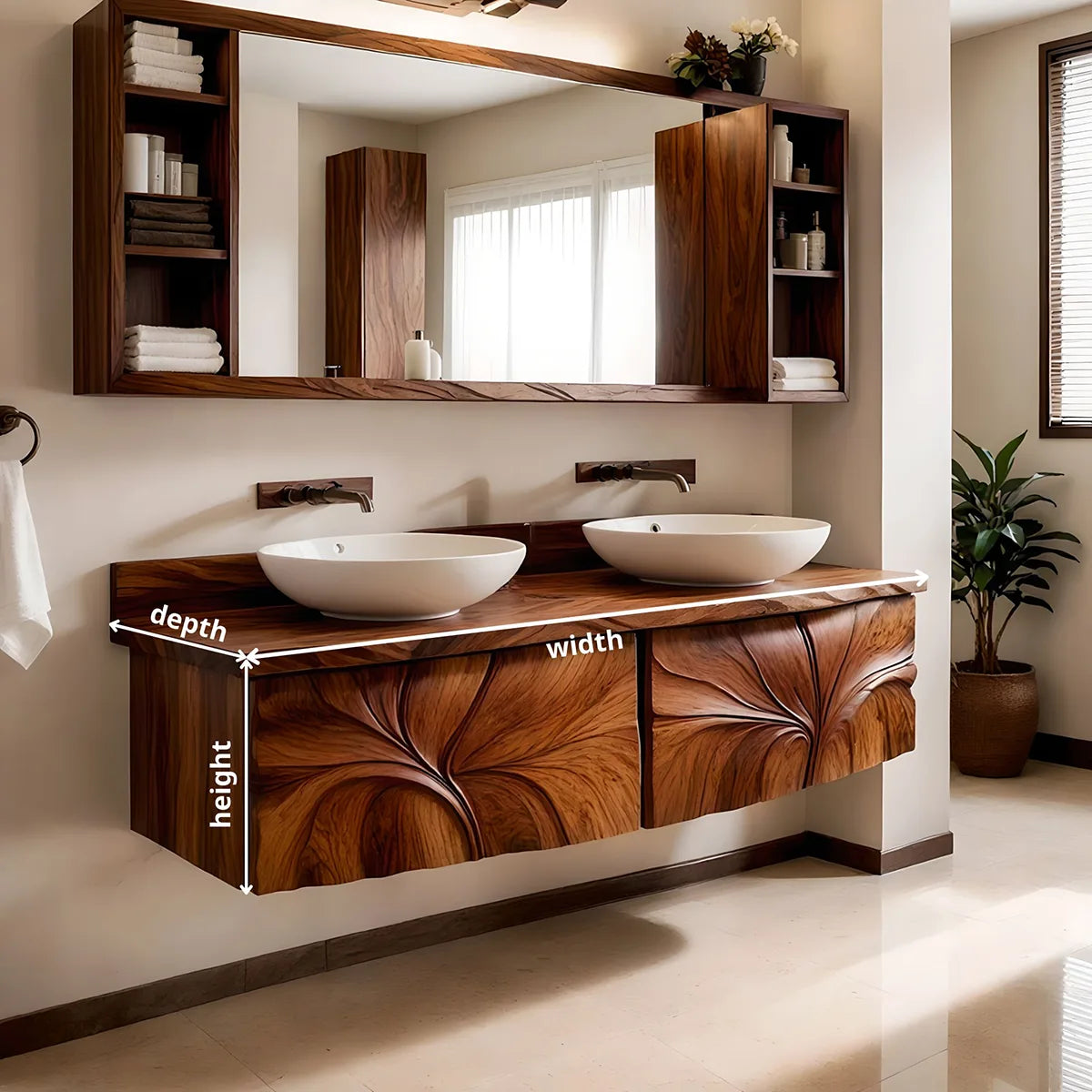 Modern Floating Bathroom Vanity with Sculptural Floral Carved Doors HG021-1209