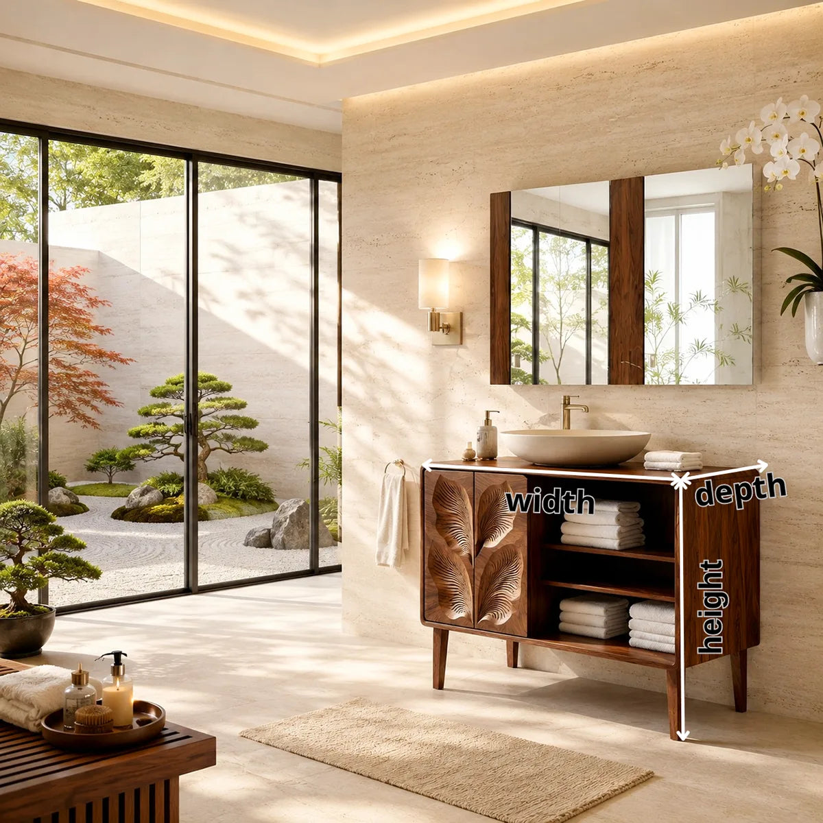 Leaf Carved Bathroom Vanity Cabinet with Open Shelving HG021-6447
