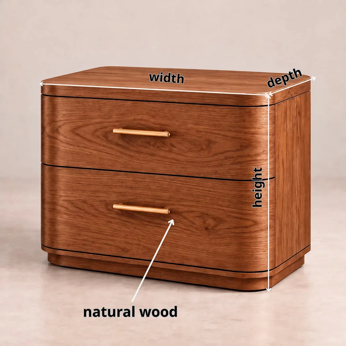 Modern Rounded 2-Drawer Nightstand | Curved Bedside Table with Metal Bar Handles HG021-1SFU3IV