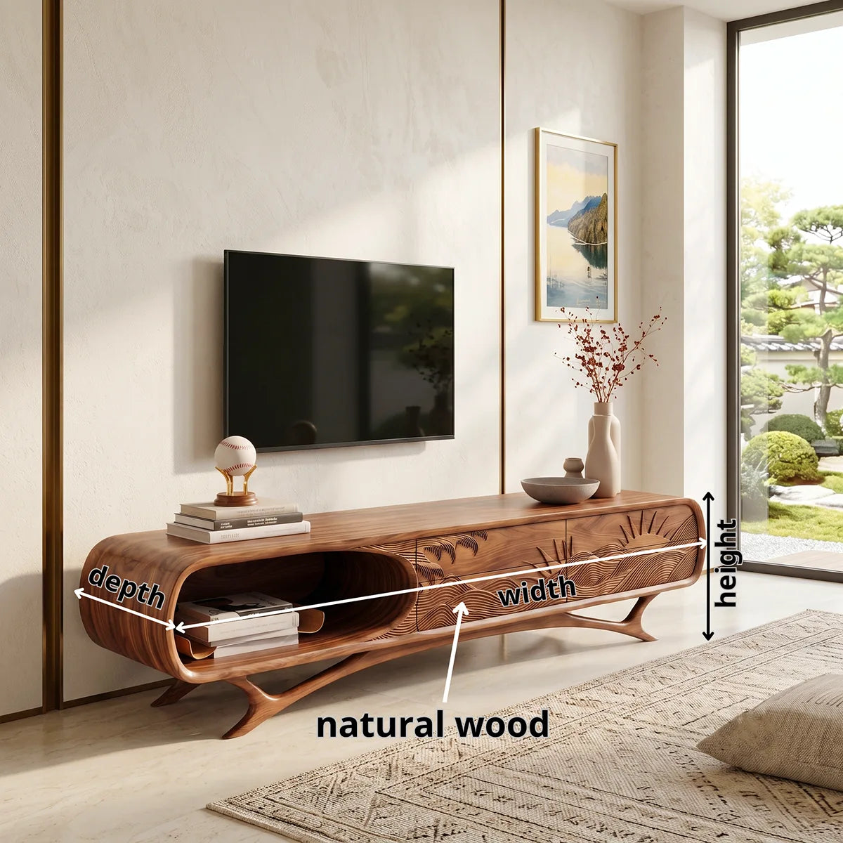 Sunrise Landscape Carved Wood TV Stand with Curved Frame | Sculptural Media Console HG021-2WSZ4IX