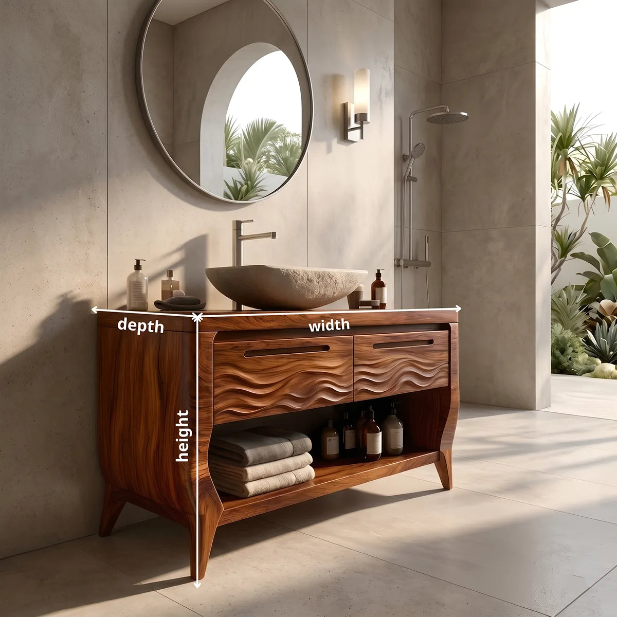Solid Wood Bathroom Vanity with Open Shelf | Wave Carved Double Drawer Bathroom Vanity Cabinet HG021-3694