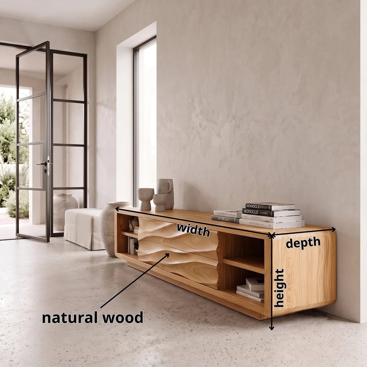 Modern Sideboard with Open Shelves and Concealed Center Storage | Rounded Low Cabinet HG021-9MGF3LT