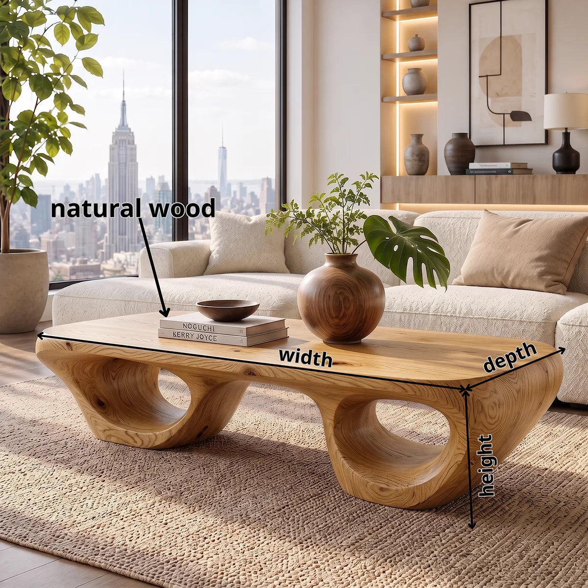 Sculptural Wood Coffee Table with Hollow Loop Base | Organic Modern Rectangular Center Table HG021-2FVS9KF