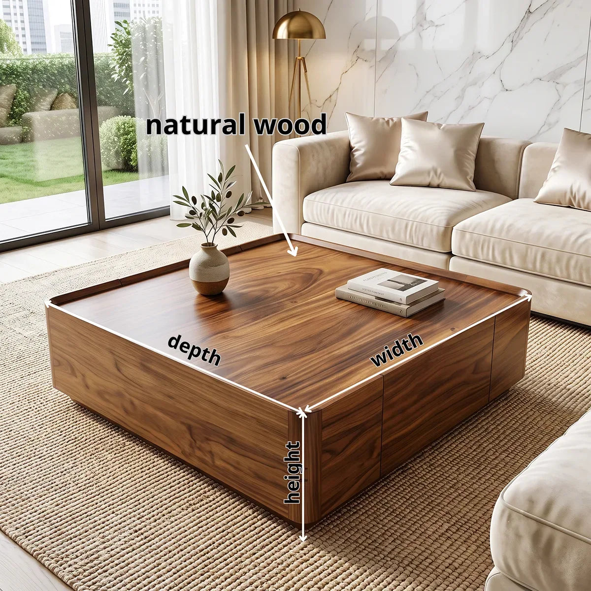Square Coffee Table with Hidden Storage Drawer | Modern Low Profile Center Table HG021-5UQU1VD