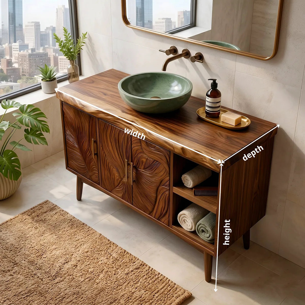 Tropical Modern Bathroom Vanity with Hand-Carved Doors and Open Storage HG021-1910