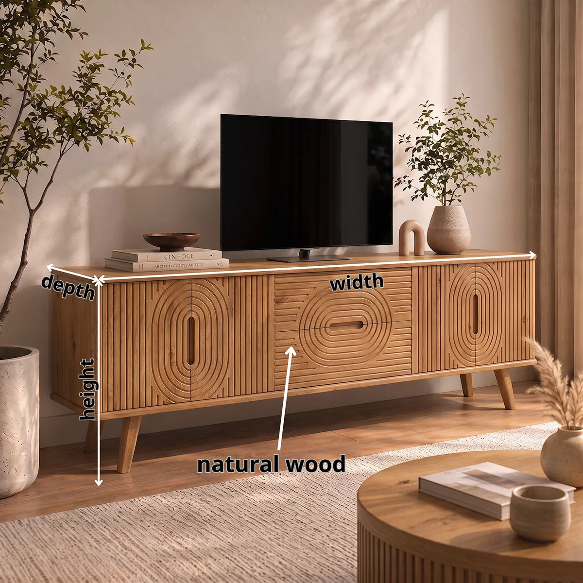 Geometric Fluted Wood TV Stand with Drawers & Cabinets | Mid-Century Media Console HG021-7RAV5YV