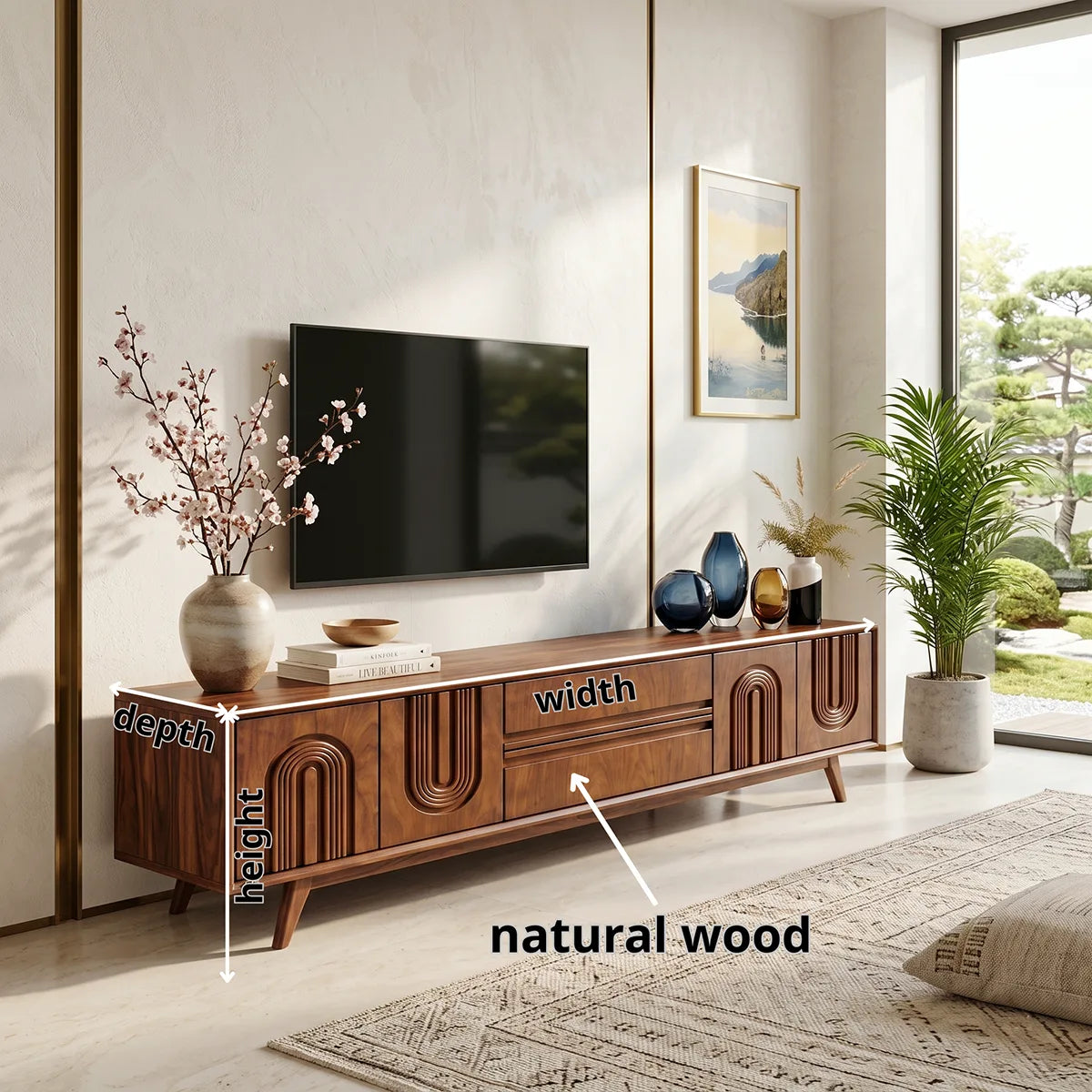 Fluted Arch Wood TV Stand with Drawers & Cabinets | Mid-Century Media Console HG021-6ZXL7DZ