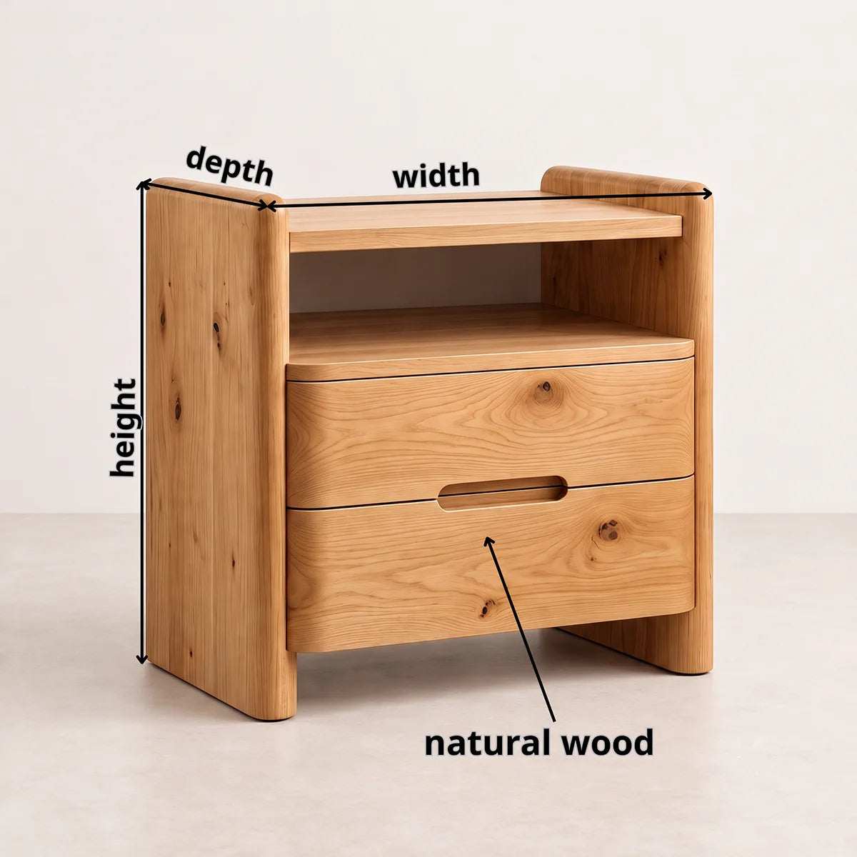 Modern 2-Drawer Nightstand with Open Shelf | Rounded Bedside Table with Recessed Handles HG021-8JCL2CB