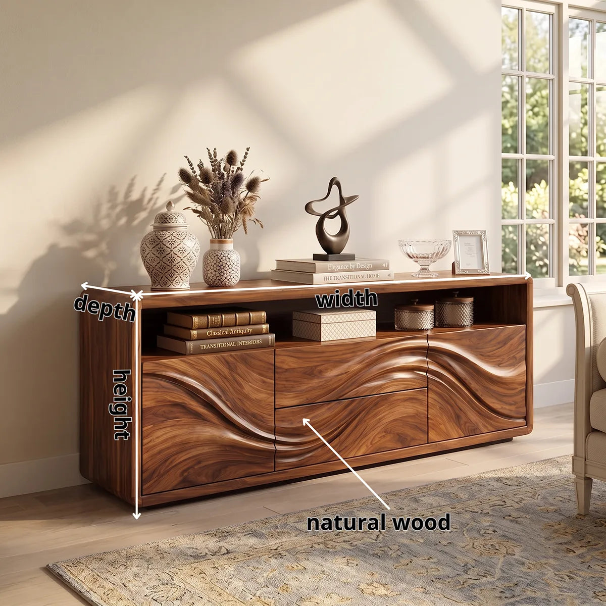 Sculptural Wave Sideboard with 2 Drawers, 2 Cabinets and Open Shelf | Modern Storage Cabinet HG021-9WUN9IL