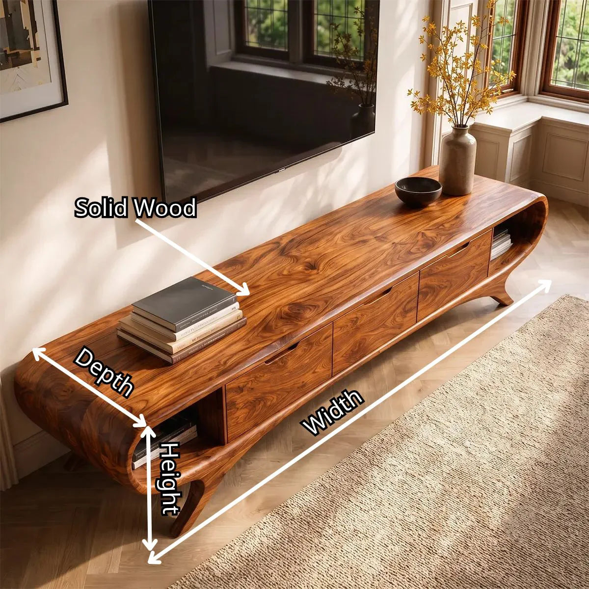 Modern Curved TV Stand with 3 Drawers & 2 Open Side Compartments TT006-3IYZ7XH