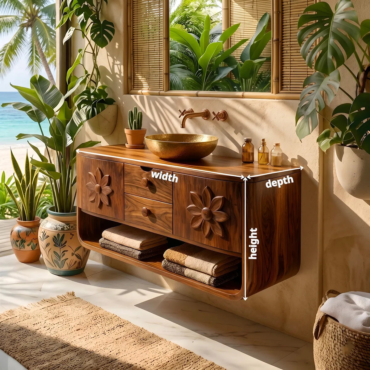 Floating Solid Wood Bathroom Vanity | Floral Carved Wall Mounted Vanity Cabinet with Open Shelf HG021-1071