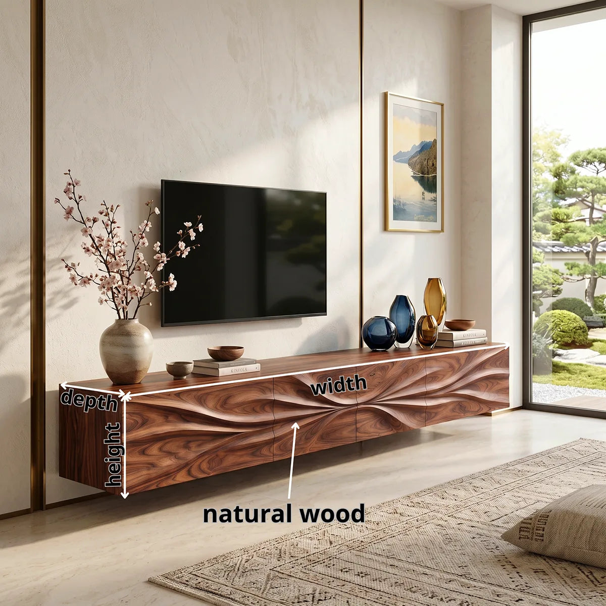 Floating Wood TV Stand with Sculpted Wave Front | Carved Media Console HG021-6VHU4ZT