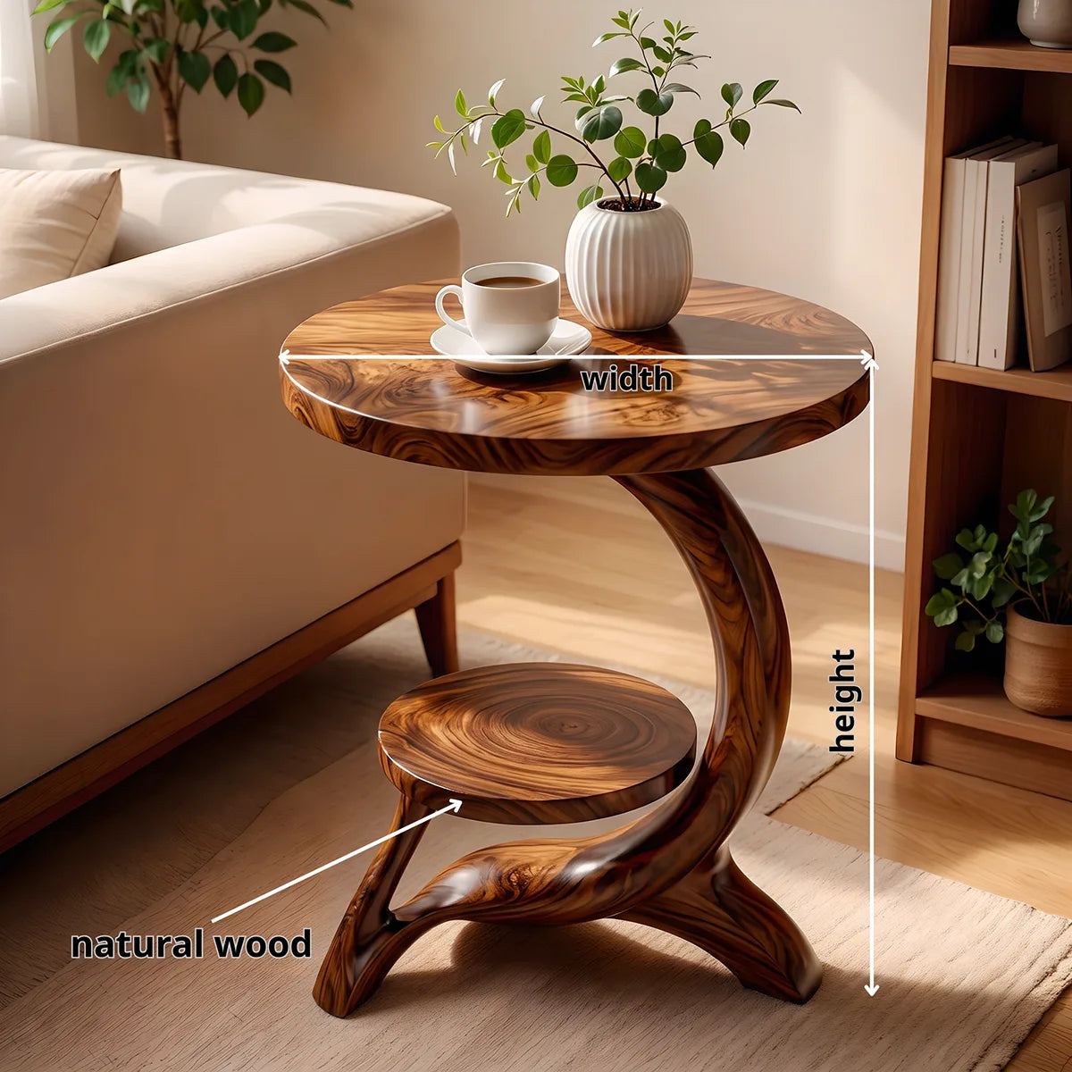 Modern Round End Table with Sculptural Base | Contemporary Accent Side Table with Display Shelf HG021-2HEU5KL