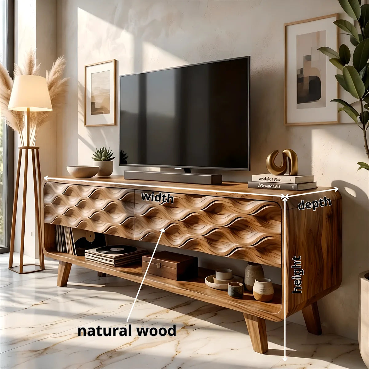 Modern TV Stand with Wave Front Doors | Contemporary Media Console with Open Storage HG021-4RXJ3SK