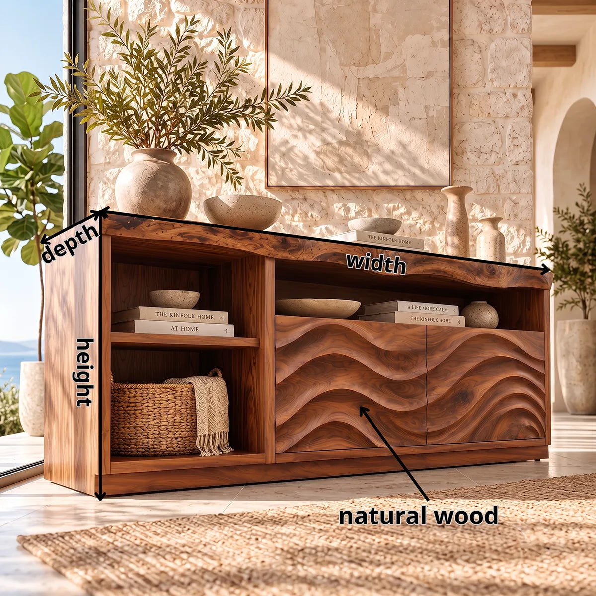 Sculptural Wave Sideboard with 2 Cabinet Doors and Open Shelves | Modern Storage Cabinet HG021-4LWU7BC