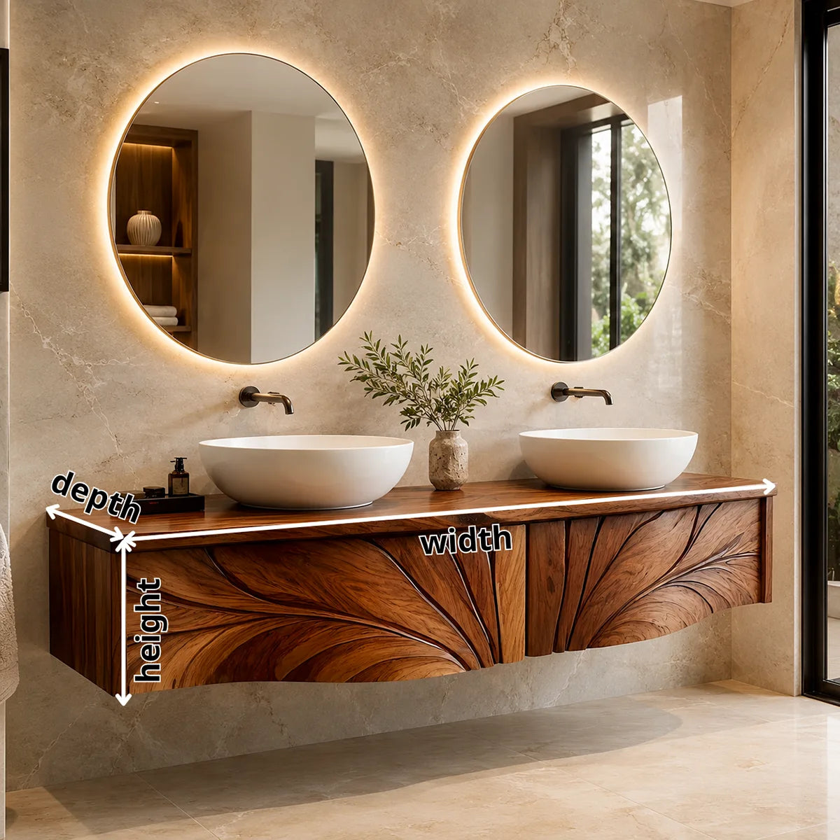Luxury Double Sink Floating Bathroom Vanity with Sculptural Carved Design HG021-2639