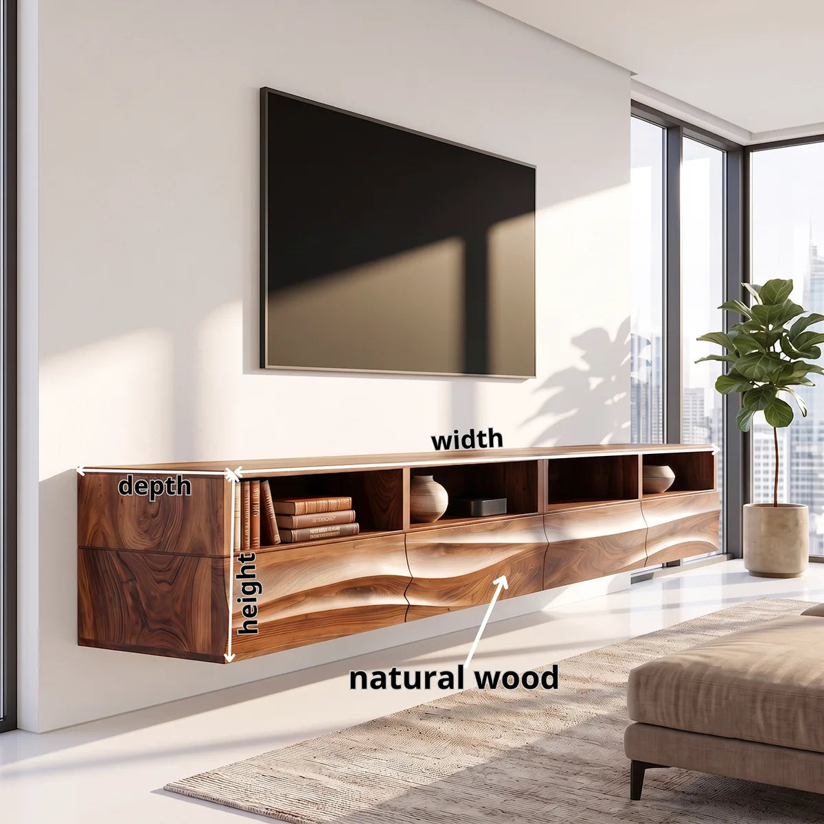 Modern Floating TV Stand with Flowing Wave Front and Open Display Shelves HG021-3RHL3JI