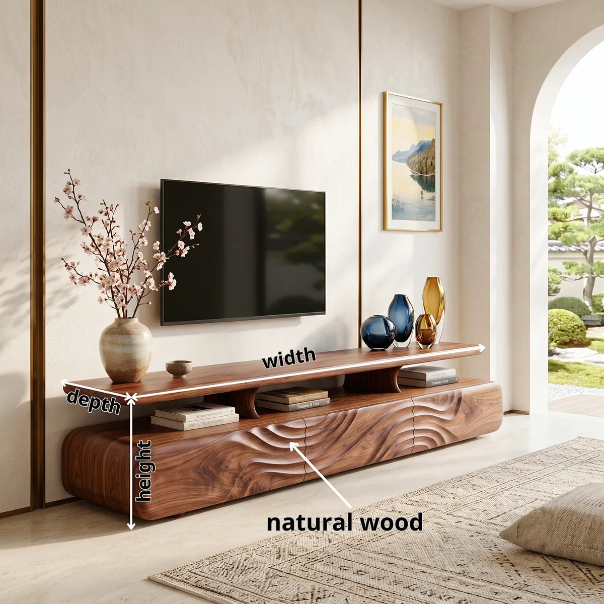 Modern TV Stand with Wave Front Doors | Contemporary Media Console with Open Display Shelf HG021-2DTK5LB