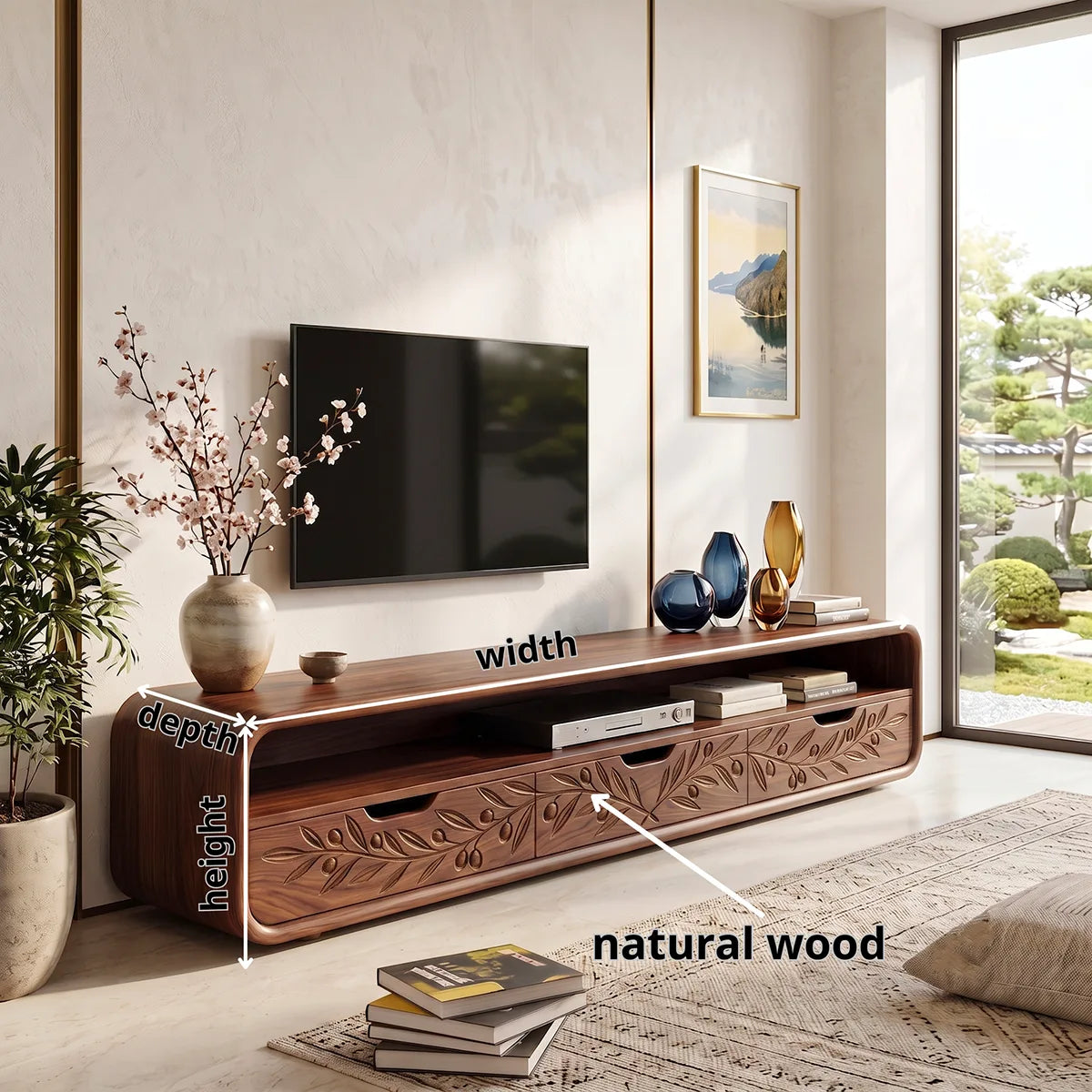Botanical Carved Wood TV Stand with Storage | Elegant Media Console HG021-5BGB8ID