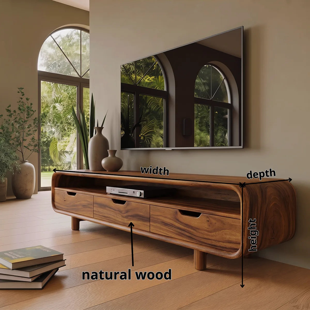 Rounded Wood TV Stand with 3 Drawers | Modern Media Console HG021-6RPM7IQ