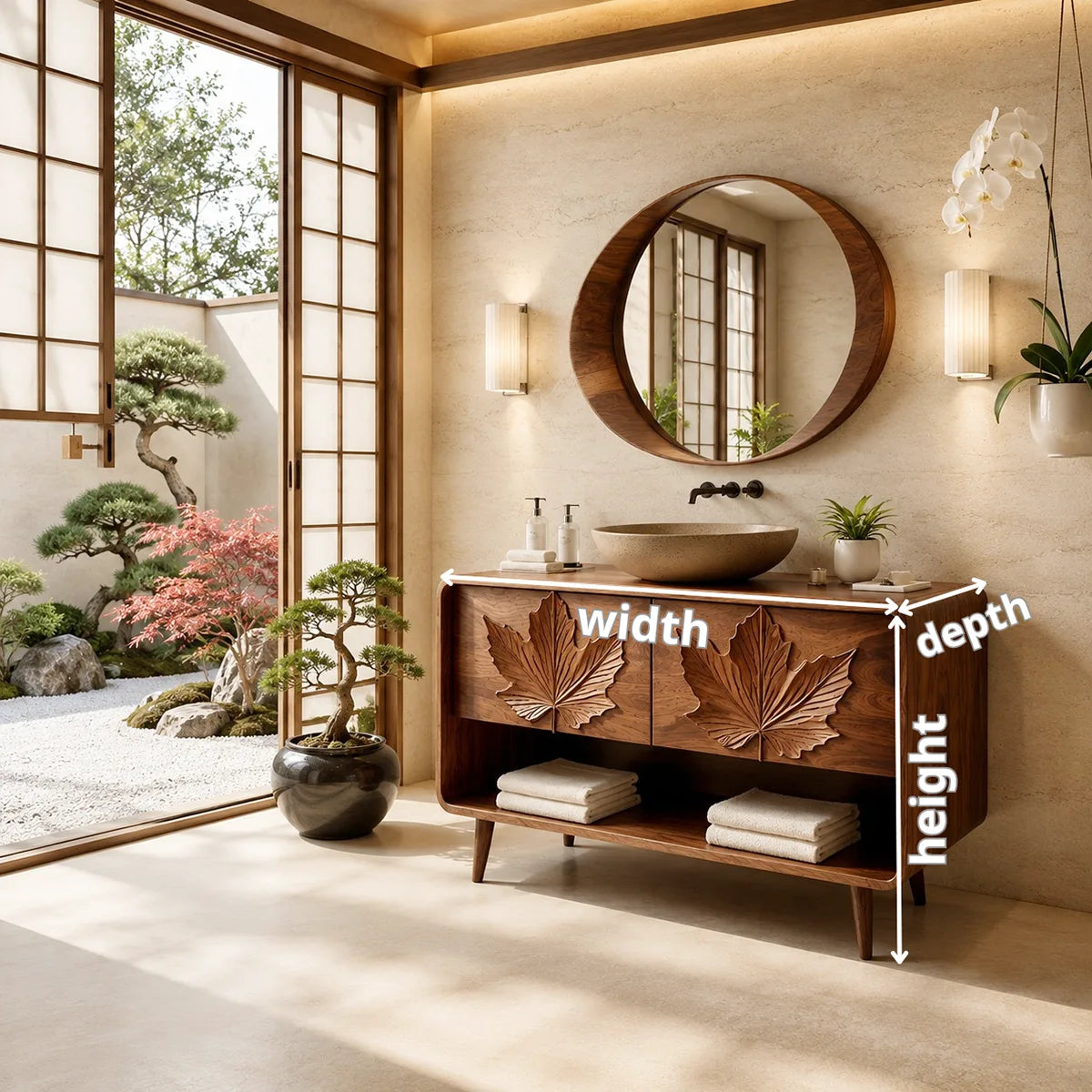 Japanese Inspired Leaf Carved Bathroom Vanity Cabinet HG021-6349
