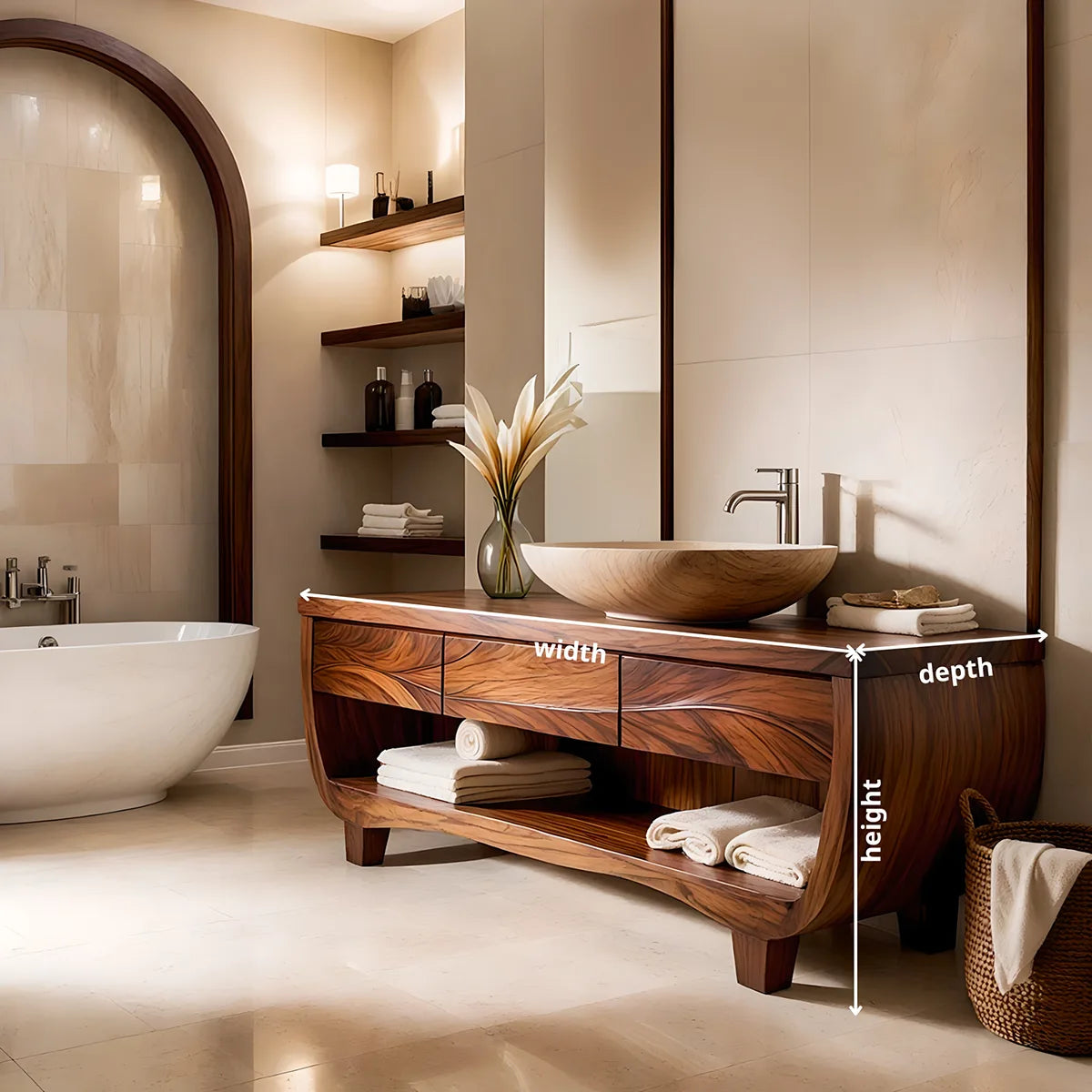 Solid Wood Double Sink Bathroom Vanity | Curved Bathroom Vanity Cabinet with Open Shelf & Drawers HG021-2095