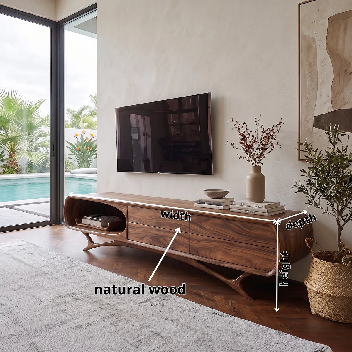 Curved Wood TV Stand with Drawers & Open Shelf | Modern Media Cabinet HG021-3QWT2KN