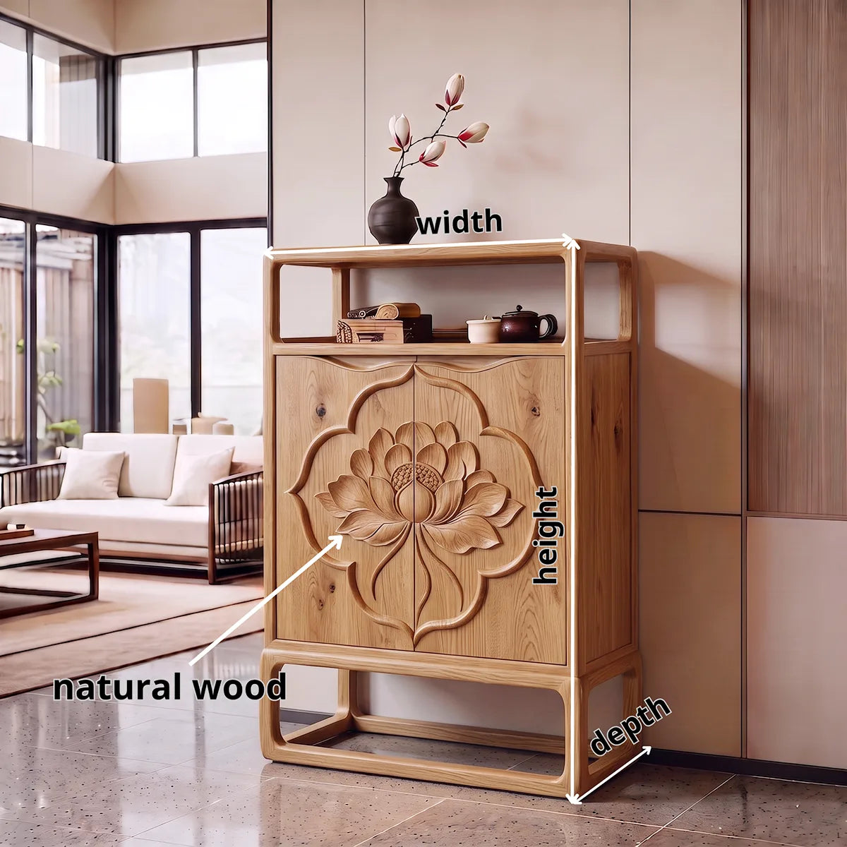 Lotus Carved Sideboard with Open Display Shelf | Sculptural Storage Cabinet HG021-1UIU6MD