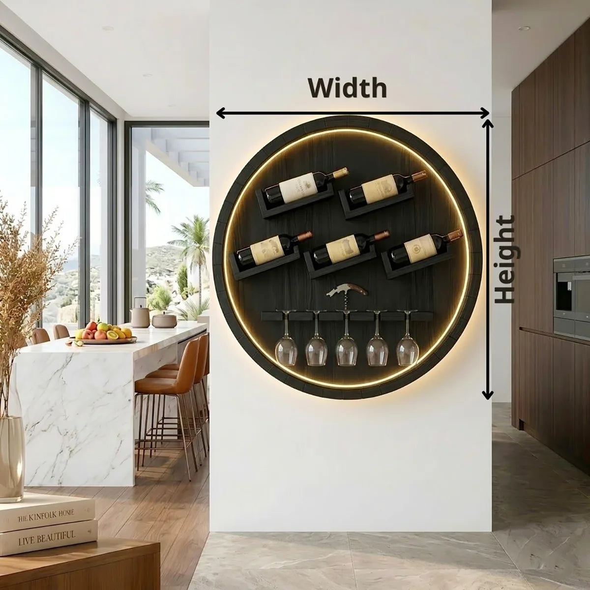 Round Solid Wood Wall Wine Rack with Glass Holder HG021-3468