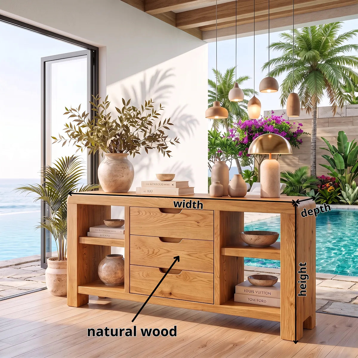 Modern Sideboard with 3 Drawers and 4 Open Shelves | Rounded Storage Console HG021-9VPB8MA
