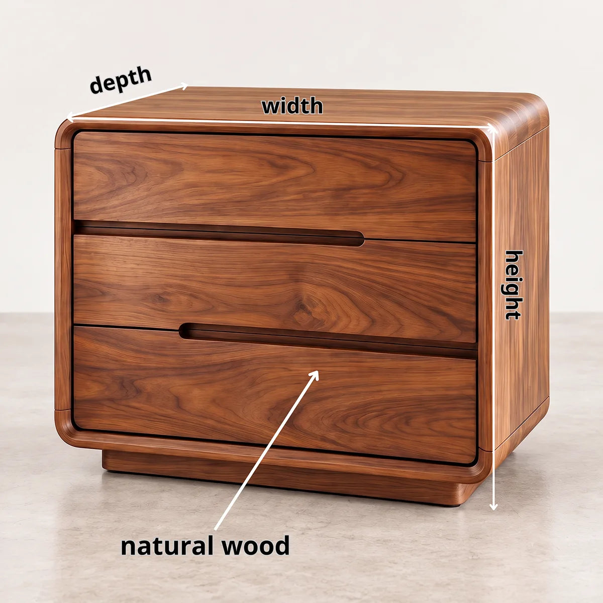 Modern 3-Drawer Nightstand | Rounded Corner Bedside Table with Recessed Handles HG021-1BHP5HK