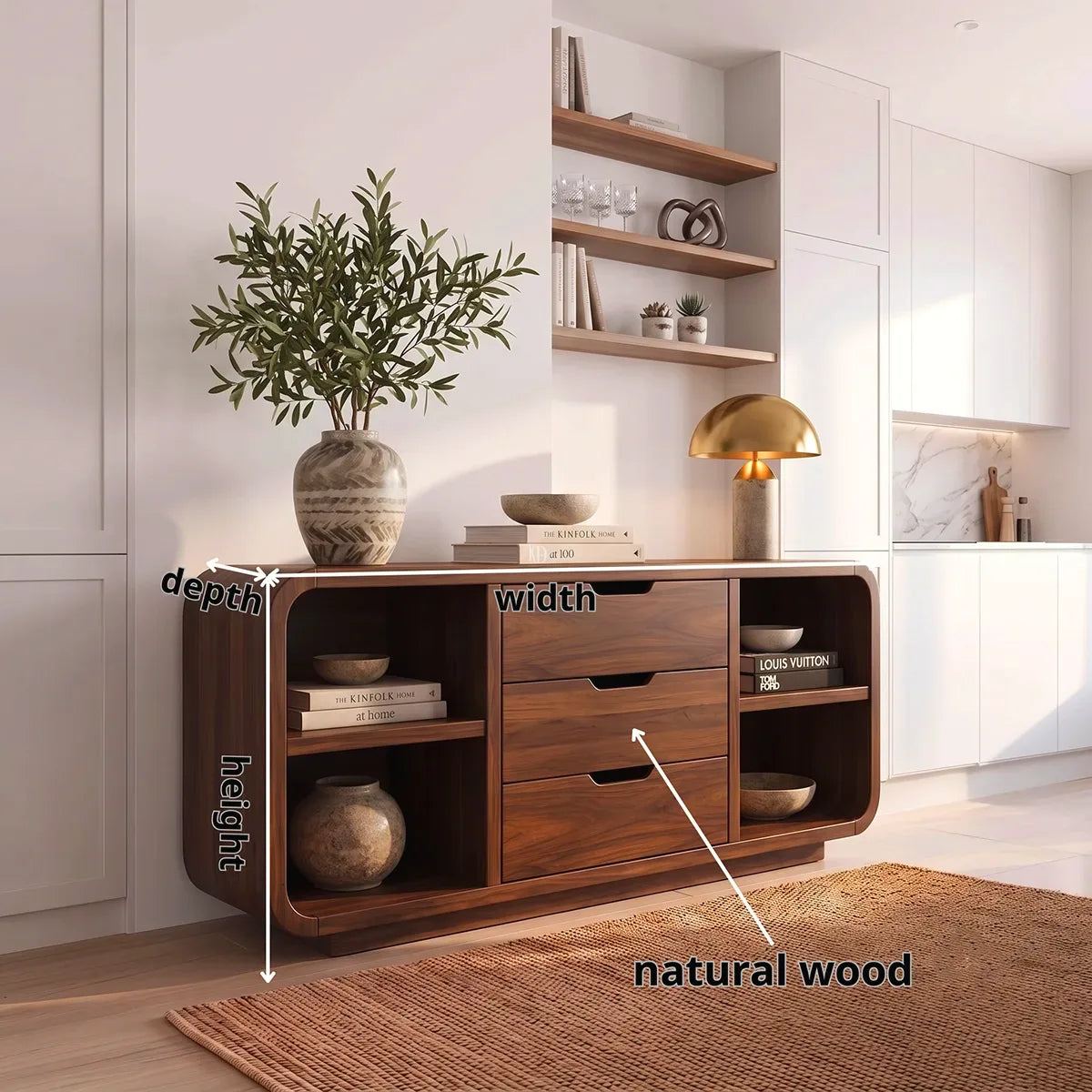 Rounded Sideboard with 3 Drawers and 4 Open Shelves | Modern Storage Cabinet HG021-1MUL6EE
