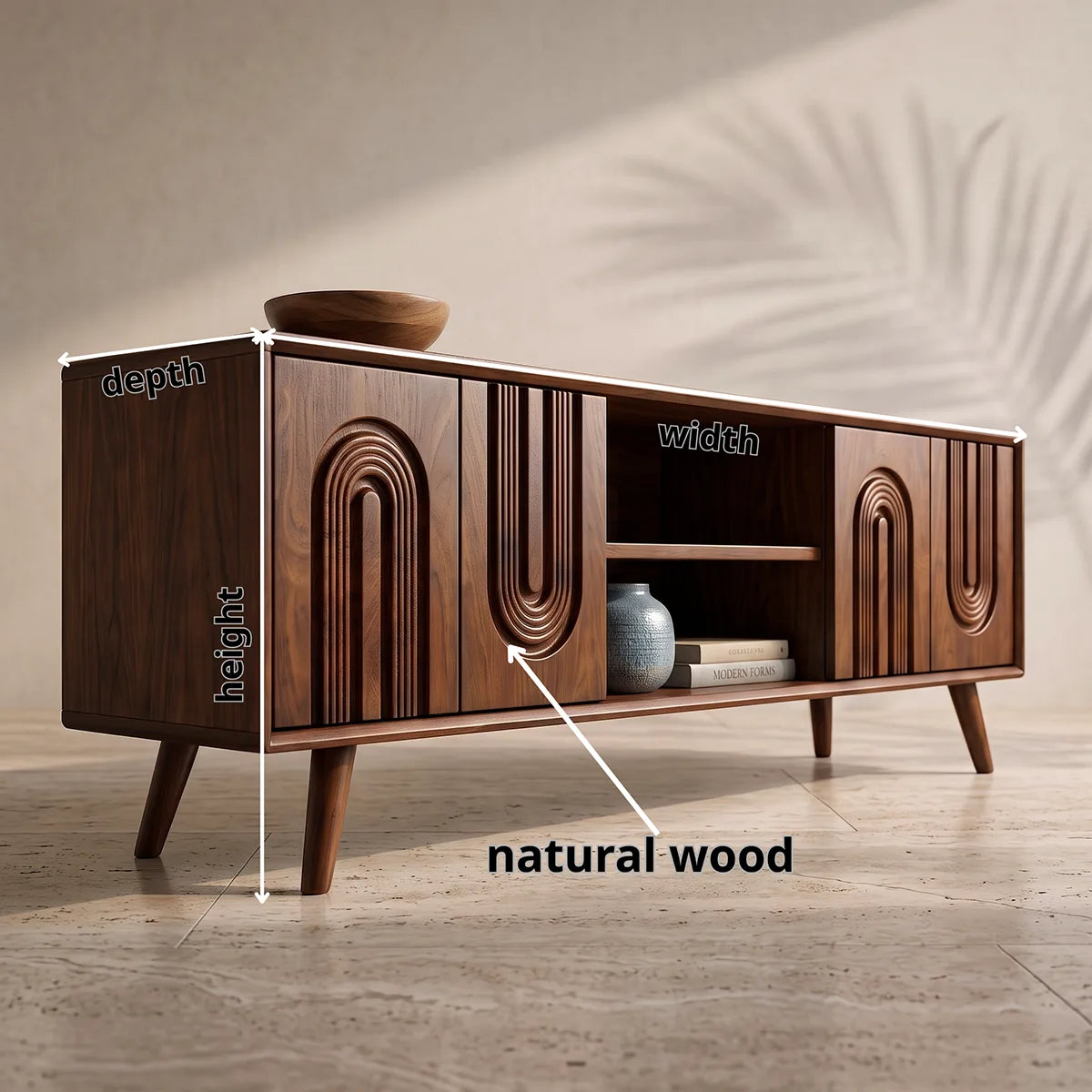 Fluted Arch Wood TV Stand with Open Shelves | Scultural Media Console HG021-8ITG9SJ