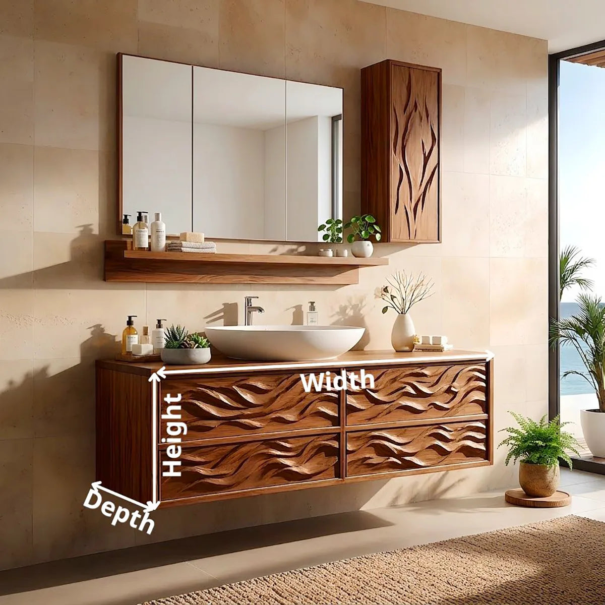 Carved Floating Bathroom Vanity | Sculptural Wall Mounted Bathroom Cabinet HG021-5018