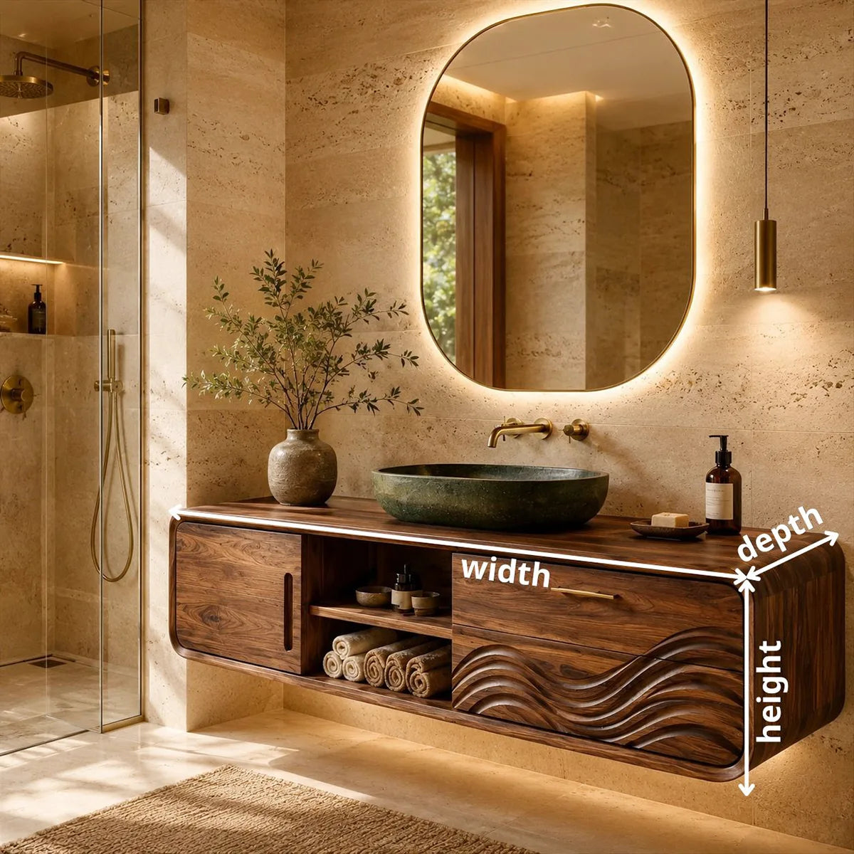 Modern Floating Bathroom Vanity with Sculptural Wave Door Design HG021-2980