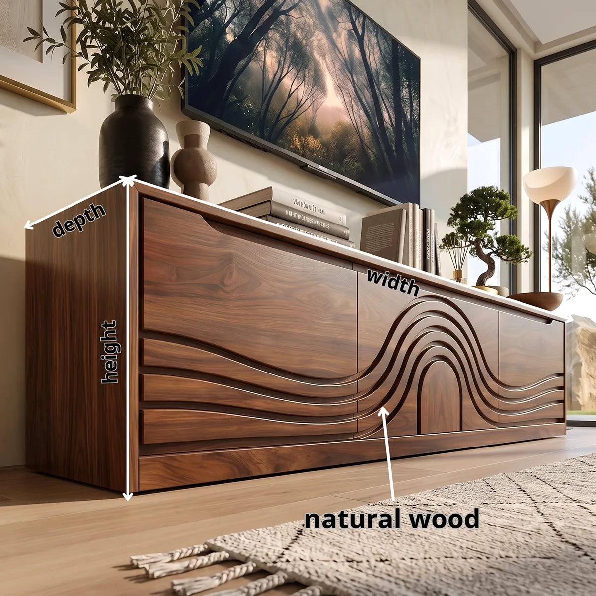 Wave Carved Wood TV Stand | Modern Low Profile Media Console HG021-2WFD3JN