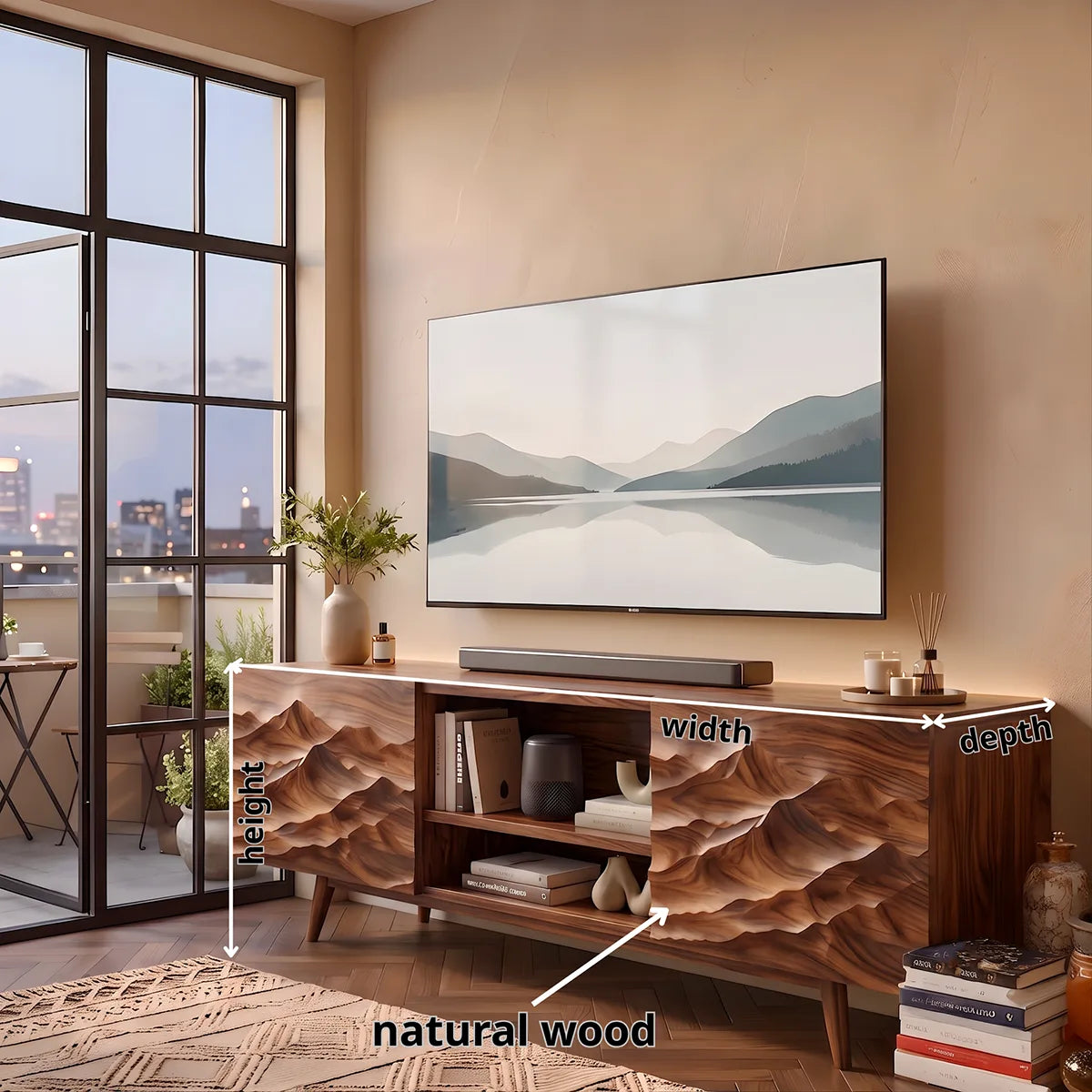 Modern Mountain Relief TV Stand | Contemporary Media Console with Sculpted Landscape Doors HG021-5KXU7XE